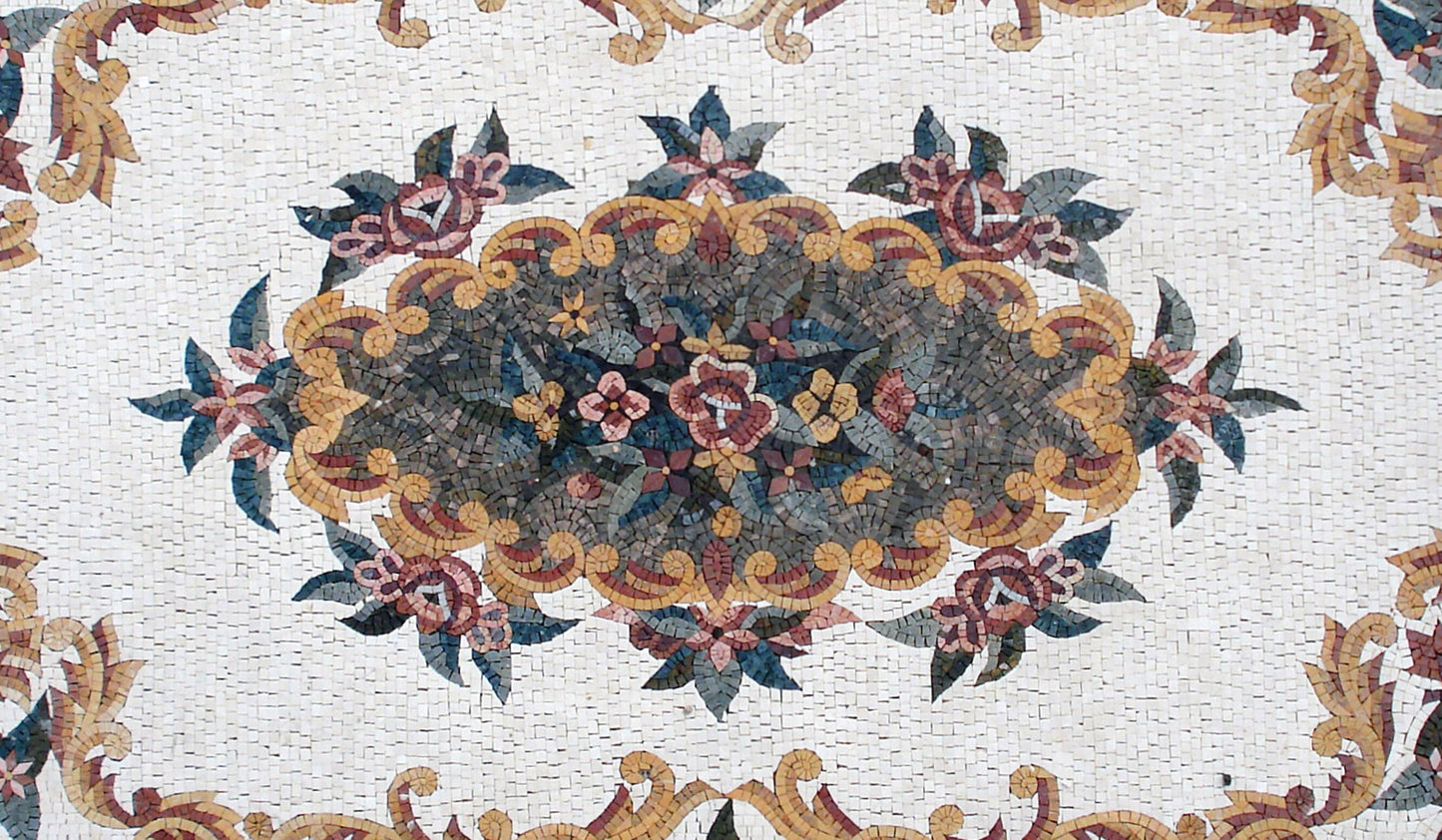 Floral Marble Mosaic Rug: Handmade Stone Art (104” x 60”)