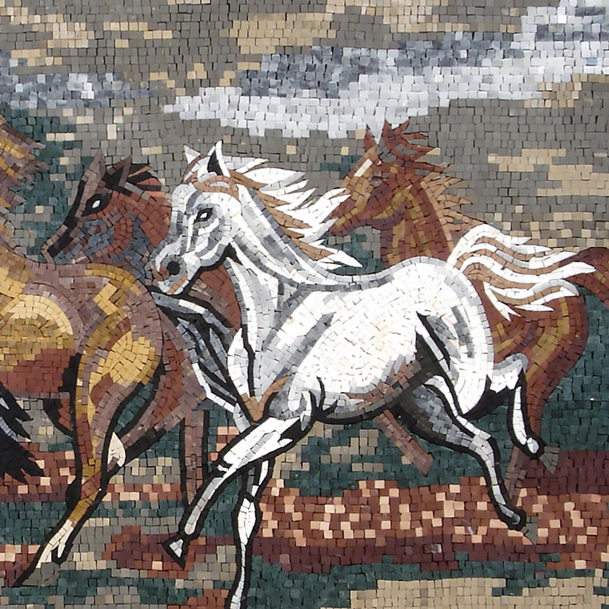 Handmade Horse Mosaic Tile Mural: Galloping Horses Stone Art (86" x 40")