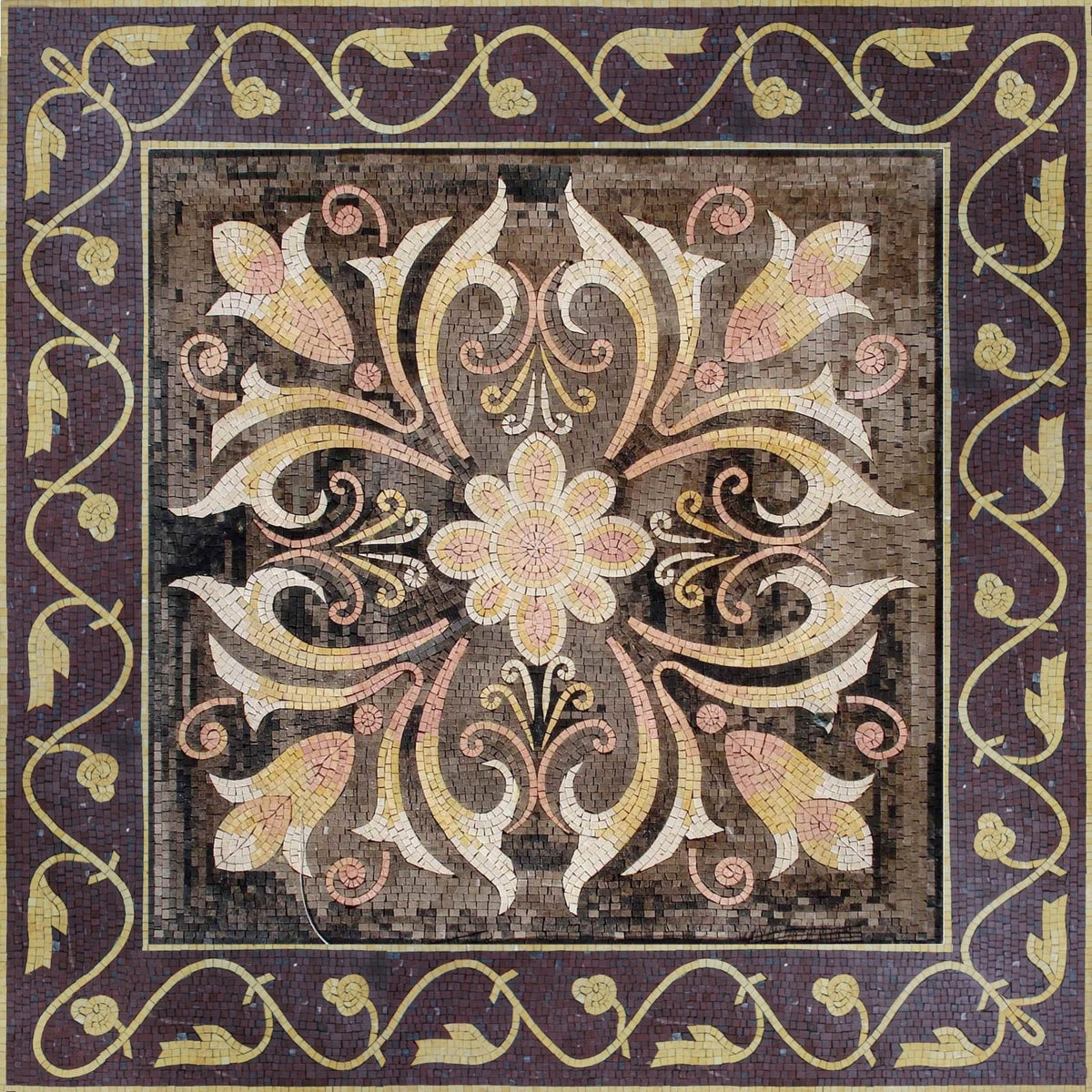 Floral Marble Mosaic Tile: Geometric Medallion, 44" Square