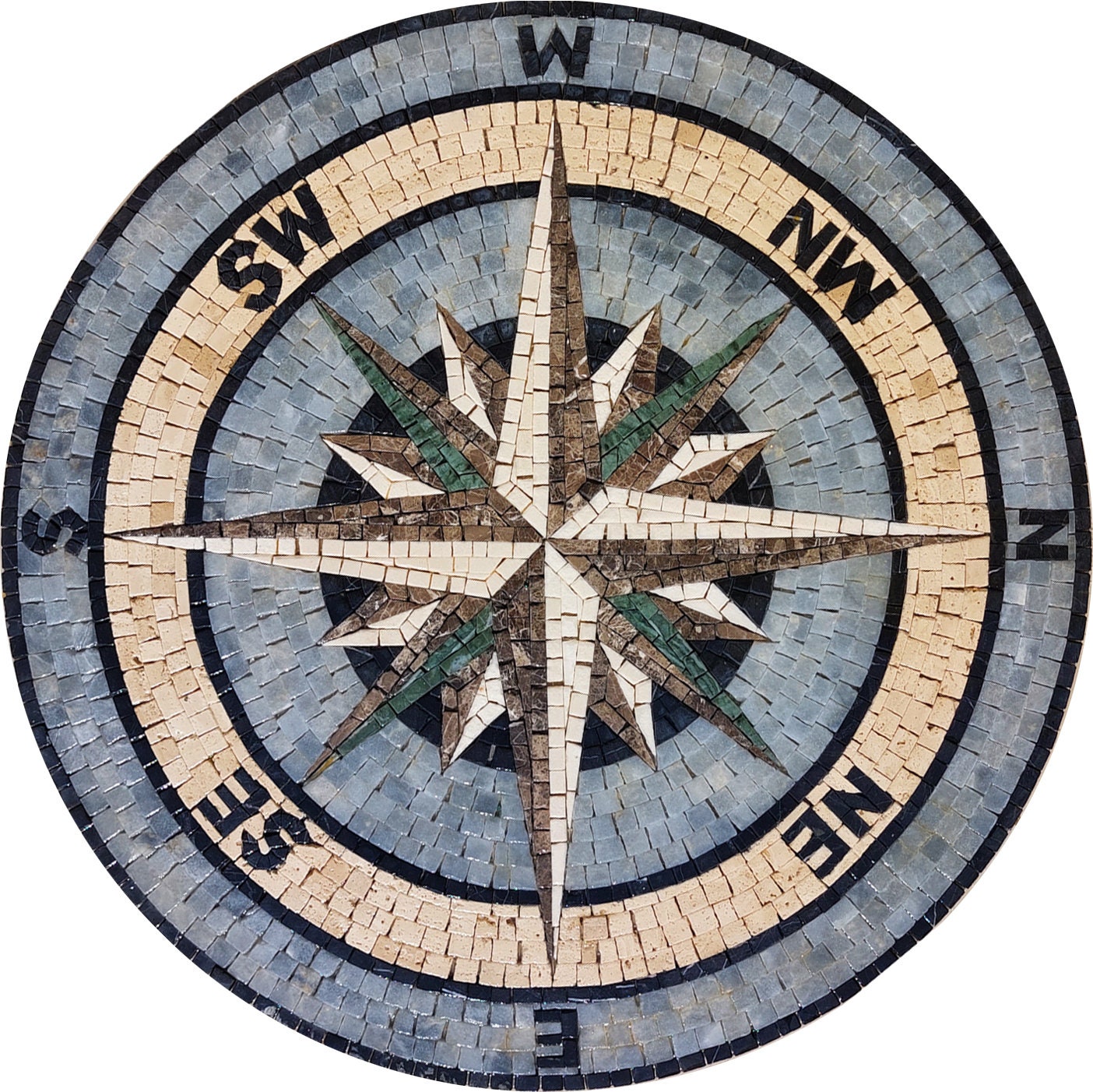 Handmade Compass Mosaic Tile: Nautical Marble Medallion (34" Diameter)
