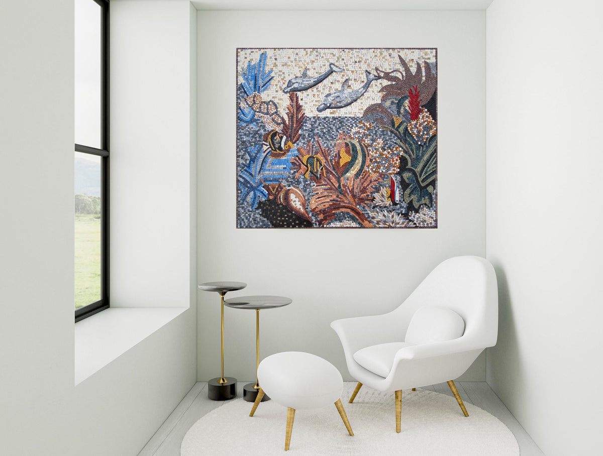 Handmade Dolphin Mosaic Mural: Sea Animal Stone Tile Art