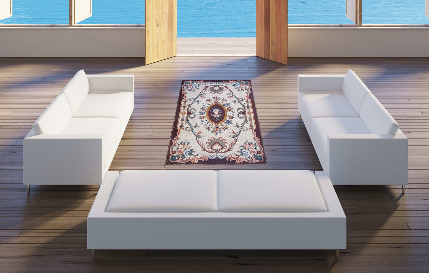 Handmade Natural Stone Rug: Floral Mosaic Art Tile (80” x 48")