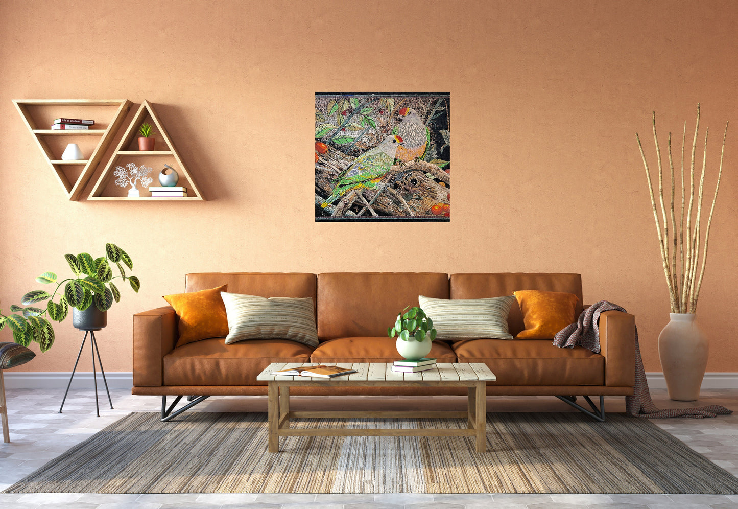 Handmade Bird Mosaic Tile Art: Colorful Marble Tesserae (34x34)