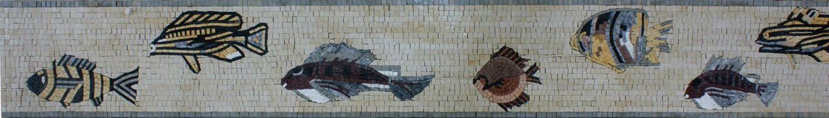 Fish Mosaic Border: Handmade Marble Wall Art (40x8”)