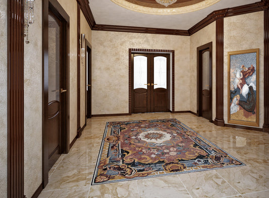 Handmade Marble Stone Mosaic Rug: Colorful Floral Home Decor