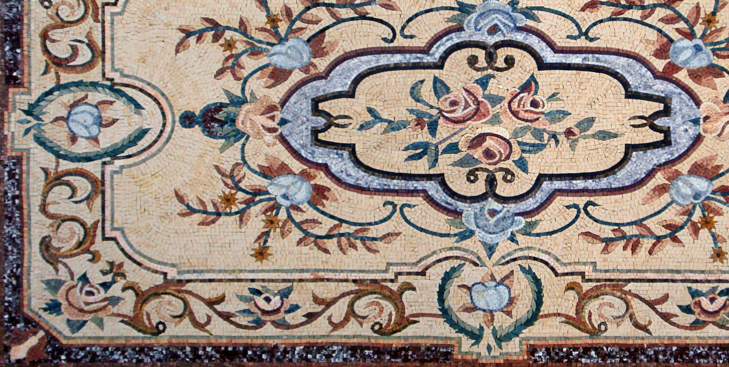 Floral Marble Mosaic Rug: Handmade Stone Carpet (108” x 54")