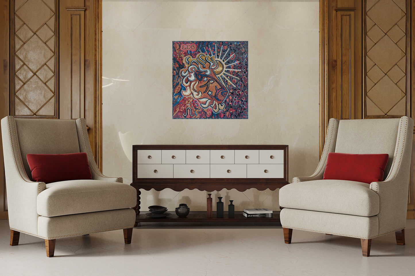 Handmade Leo Zodiac Mosaic Tile Art: Marble Stone Wall Decor (30x30")