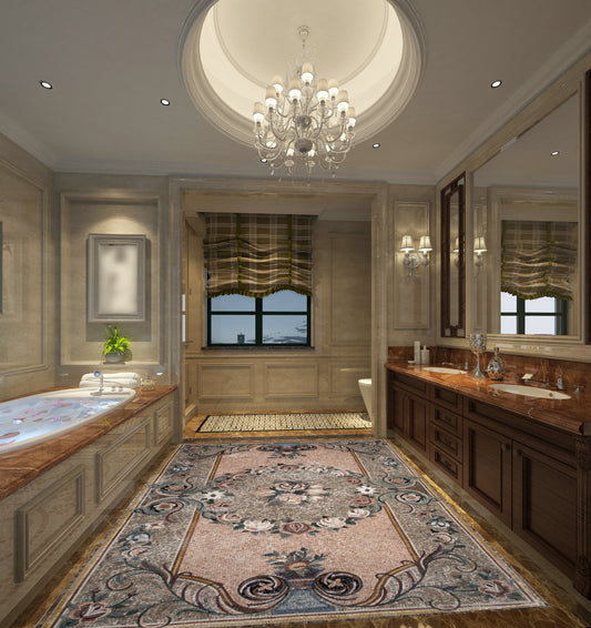 Handmade Marble Mosaic Rug: Floral Stone Tile Art (108” x 72")
