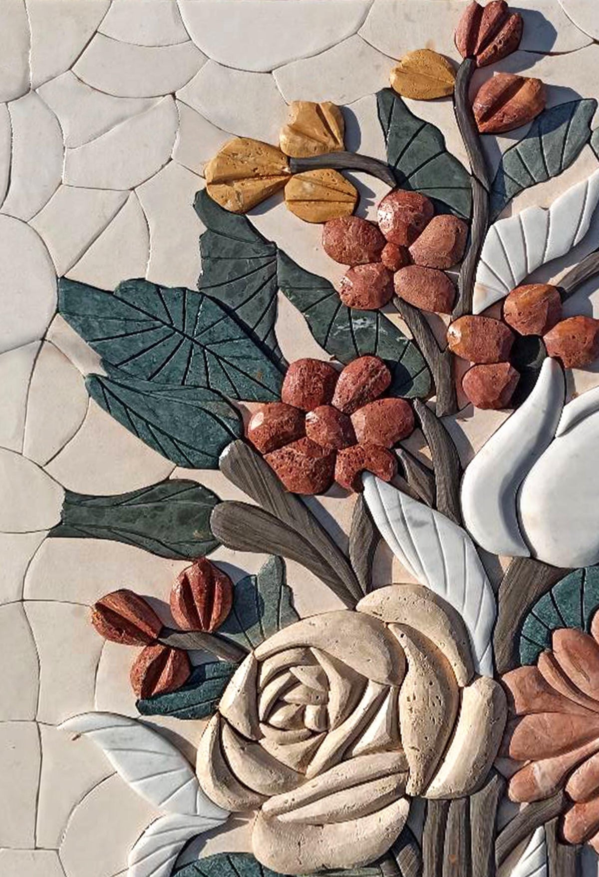 16"x24" Embossed Multicolored Flower Mosaic – Handmade Marble Tile Wall Art, Customization available