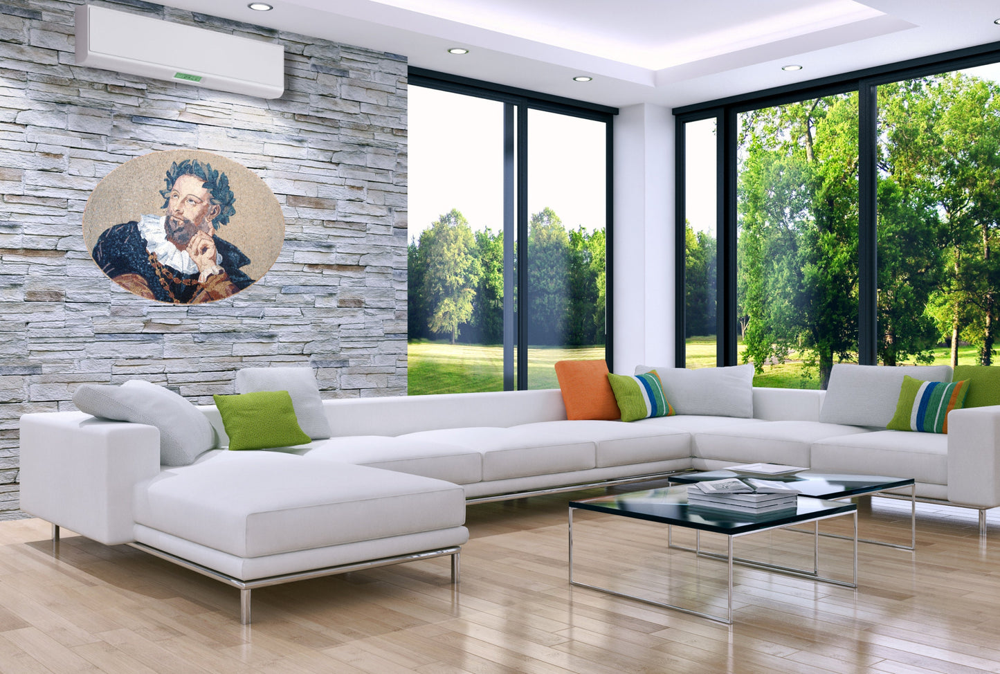 Handmade Philosopher Portrait Mosaic Mural: Indoor Outdoor Wall Art (52” x 32”)