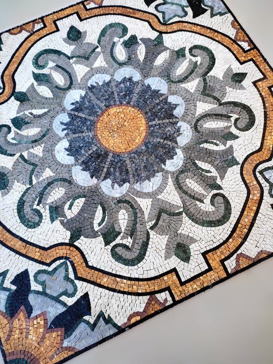 Handmade Marble Mosaic Medallion: Geometric Floral Tile, 48” Square