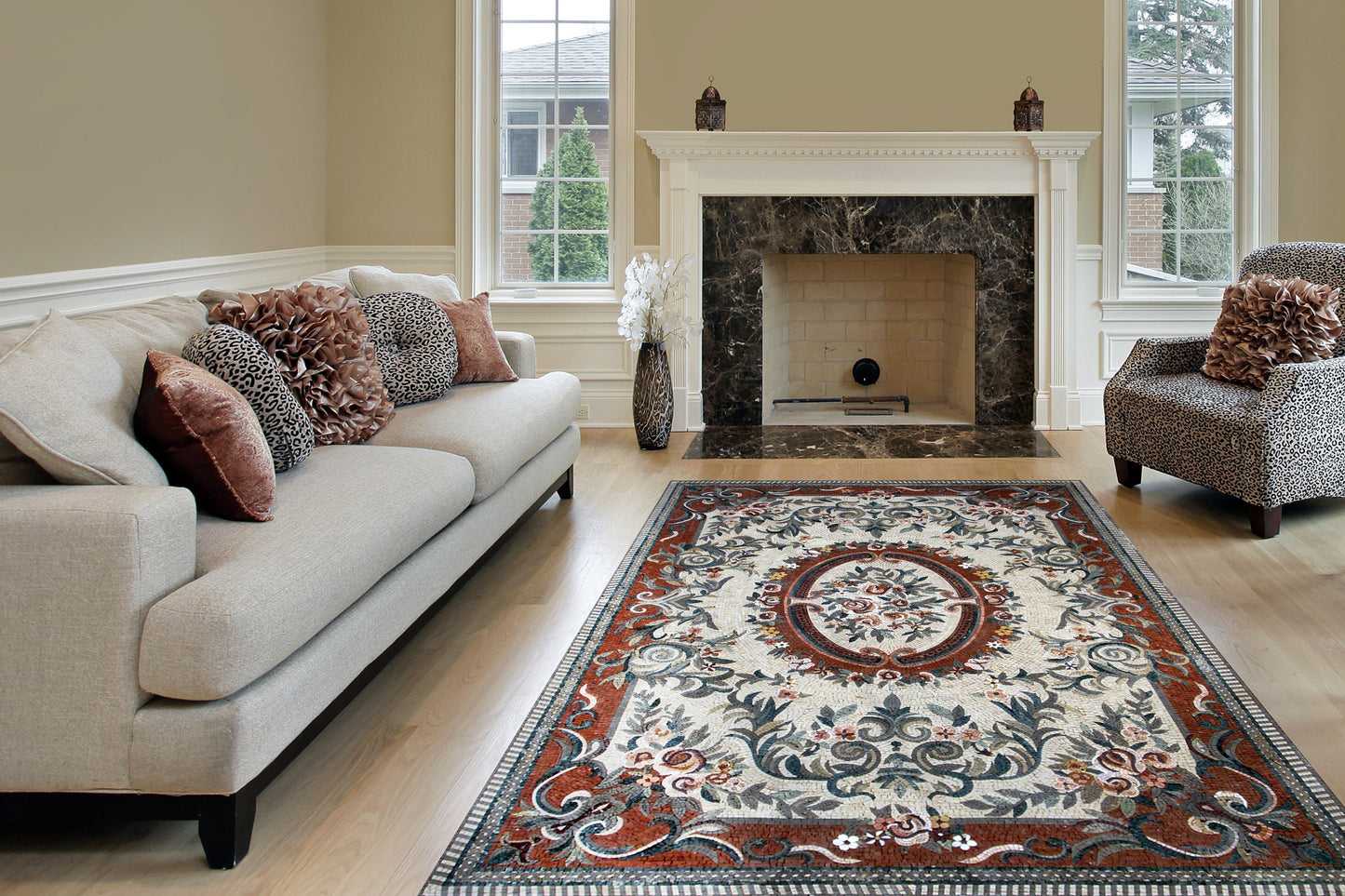 Handmade Floral Marble Mosaic Rug: Dining Room Floor Carpet (92” x 60”)