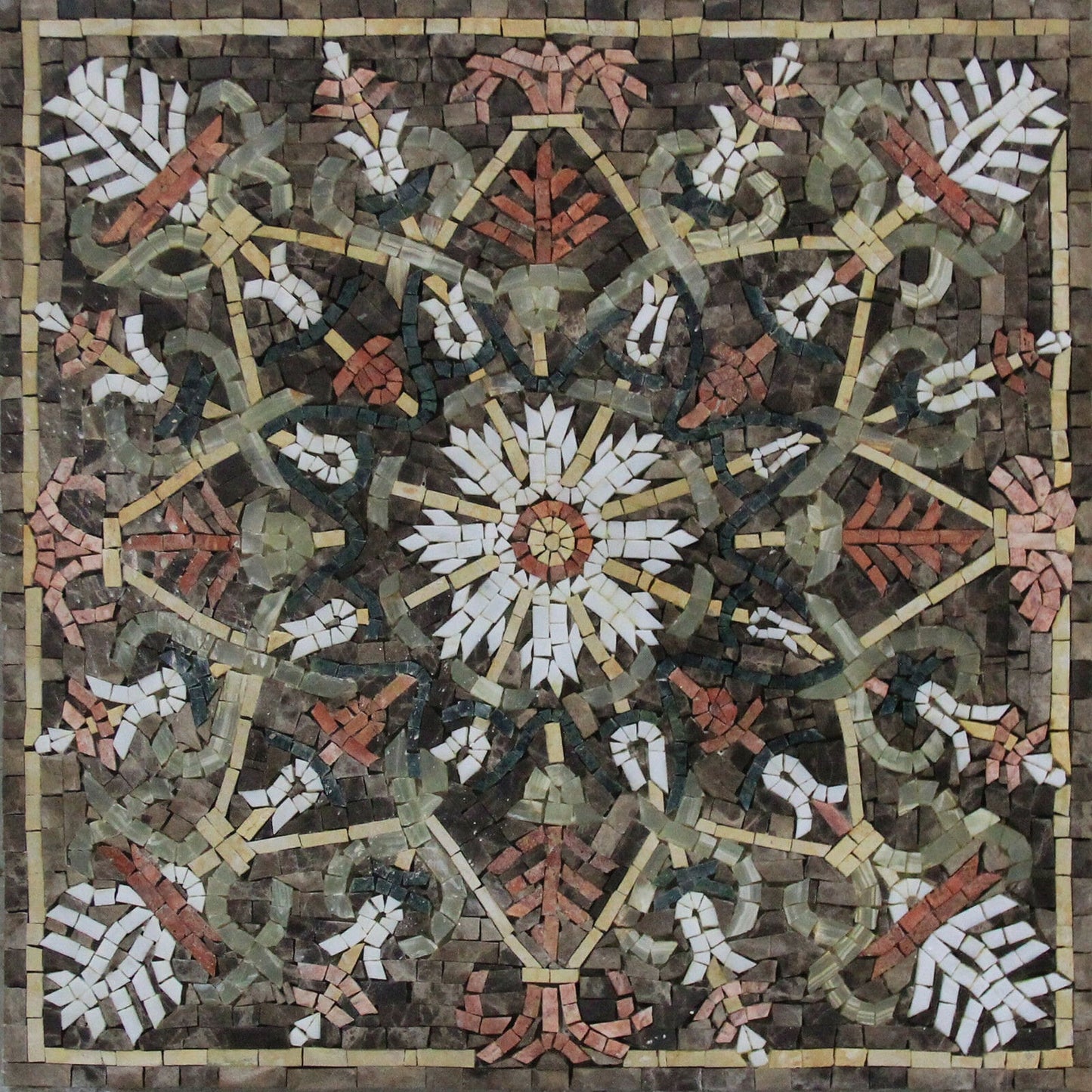 32" Floral Marble Mosaic Tile Medallion: Indoor/Outdoor Decor