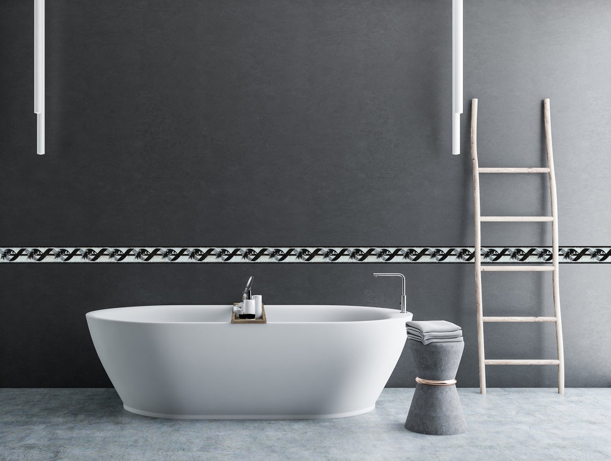 Botanical Mosaic Border: Black and White Marble Tiles, 6x40"