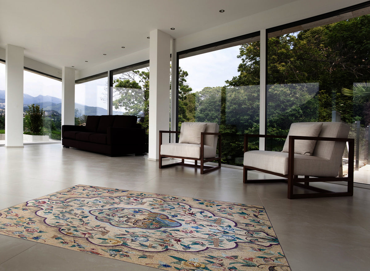 Handmade Marble Mosaic Rug: Animal Art, Floral Home Decor (80x80")