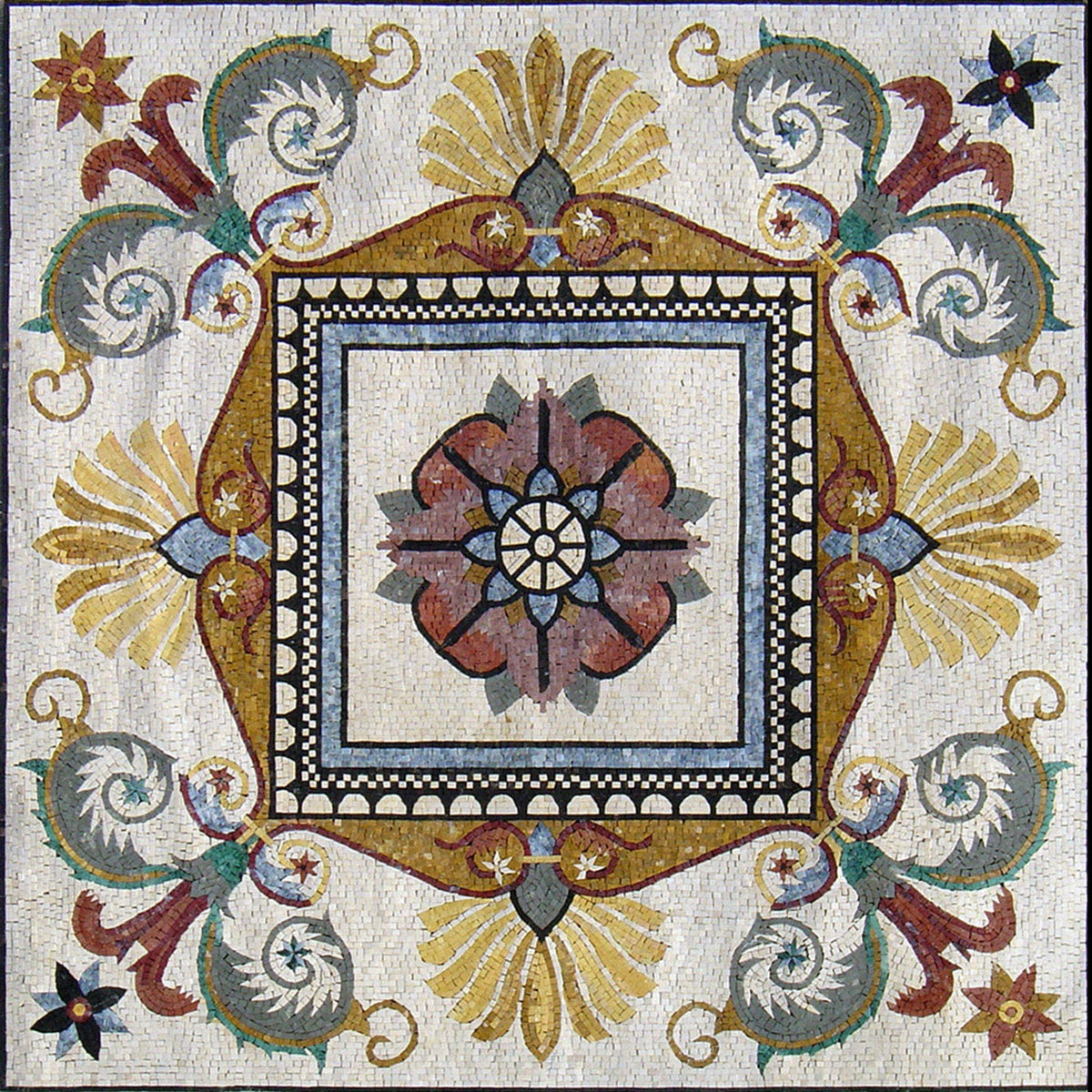 40" Floral Marble Mosaic Tile Medallion: Indoor/Outdoor Floor Art