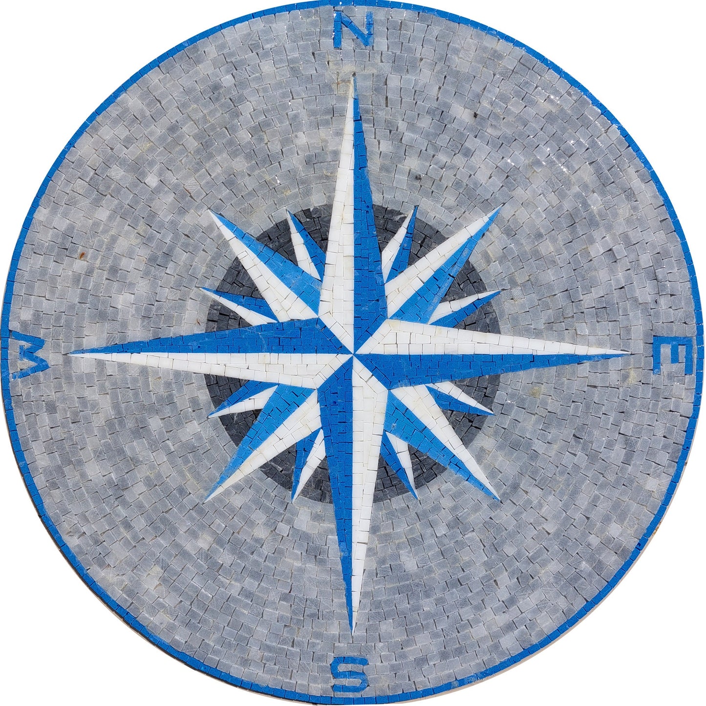 Handmade Marble Mosaic Medallion: Compass Rose Nautical Tile Art