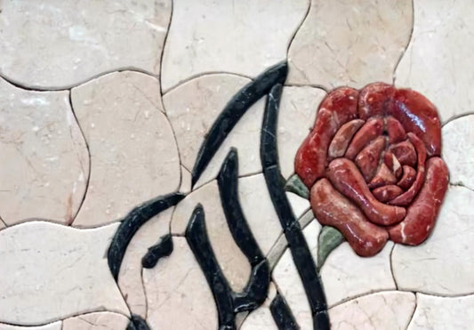 Handmade Basmala Calligraphy Marble Mosaic Tile Art: Red Rose Islamic Decor