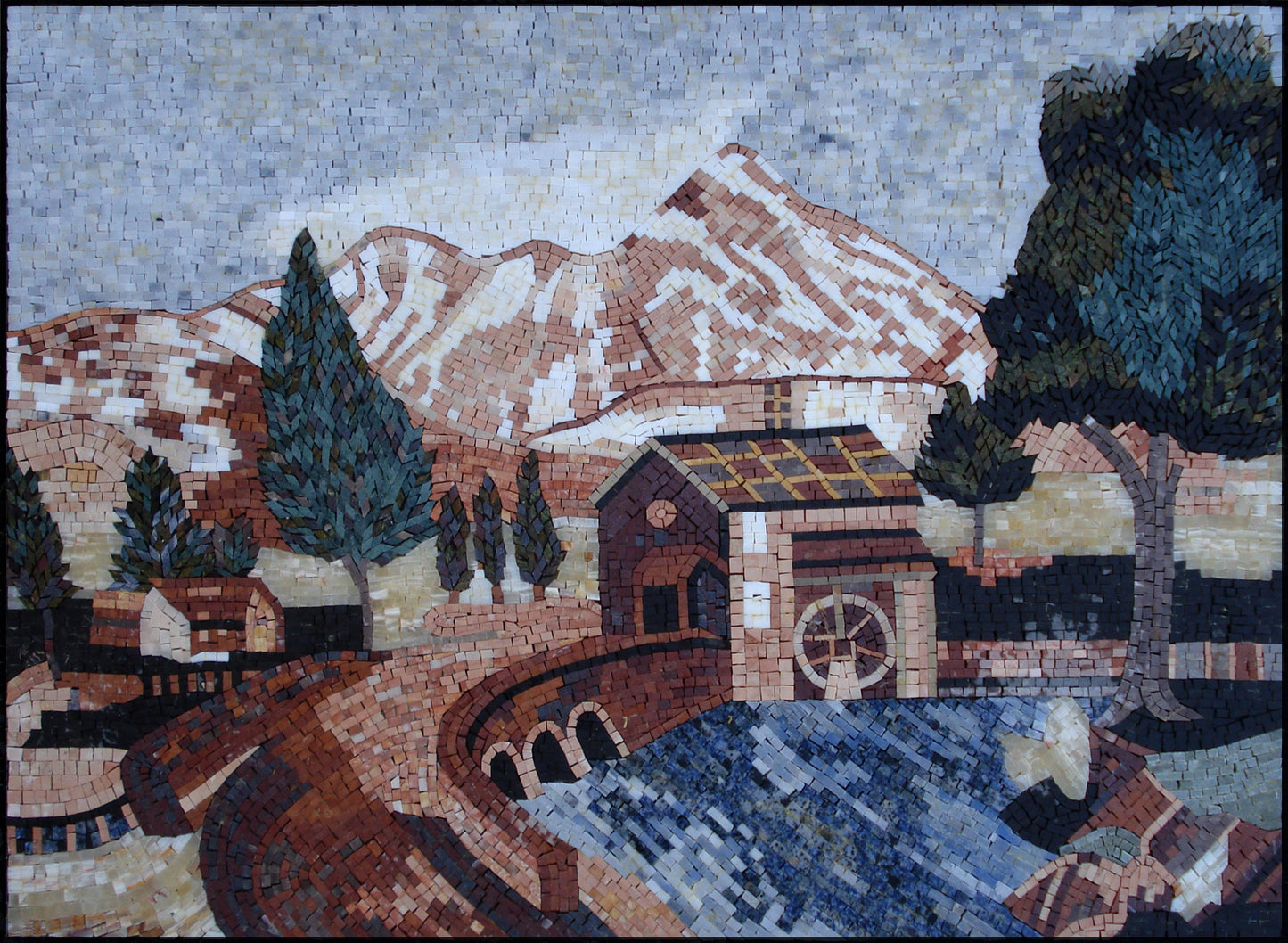 Handmade Marble Mosaic Tile Art: Water Dam House Botanical Tree