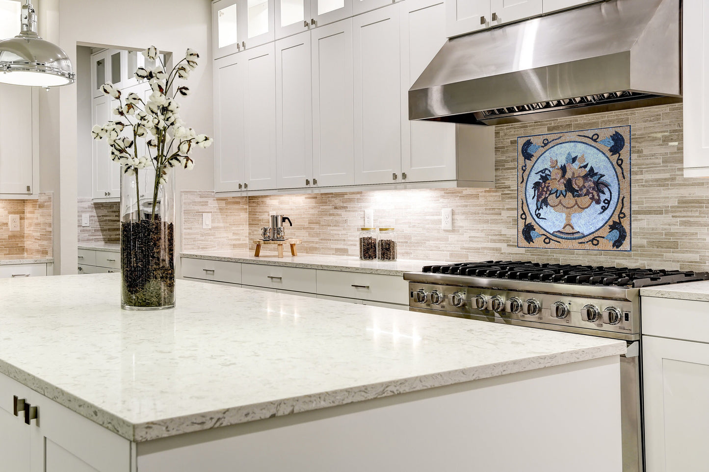 Handmade Marble Mosaic Art: Gold & Blue Fruit Bowl, Kitchen Backsplash (28x28")