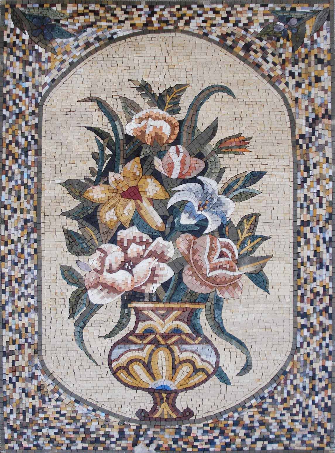 Handmade Marble Mosaic: Elegant Floral Bouquet, 44" Wall Art