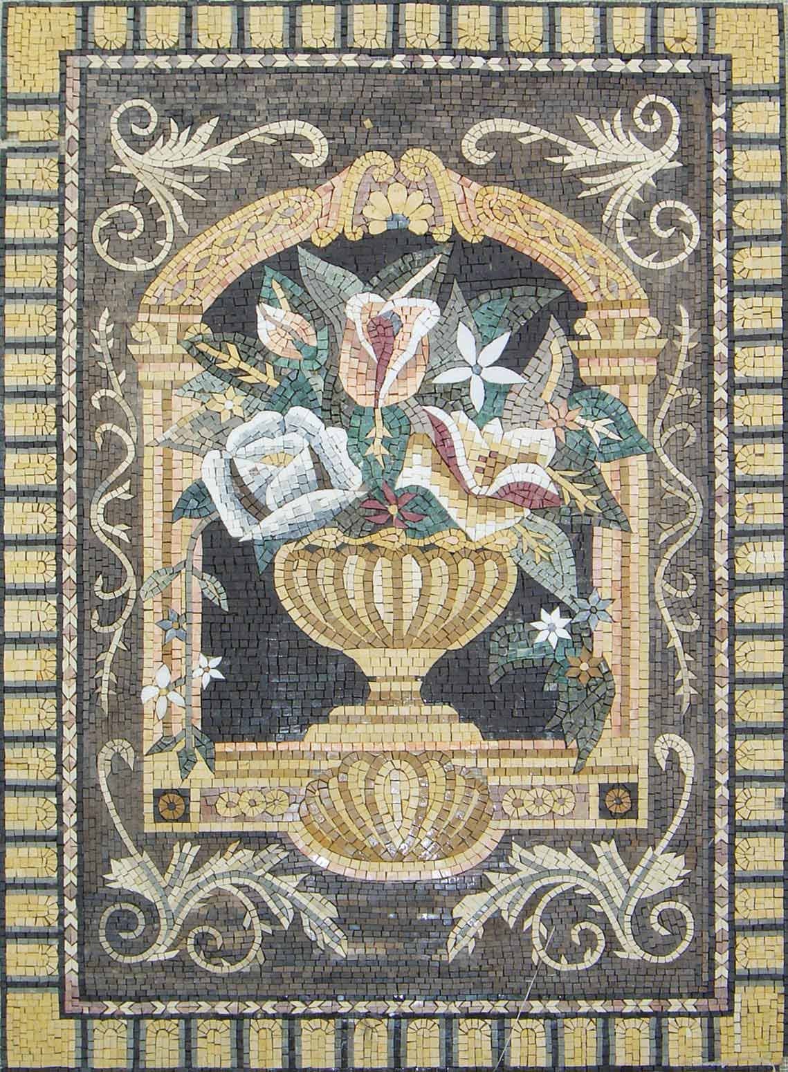 Handmade Marble Mosaic Art: Floral Roses in Golden Vase