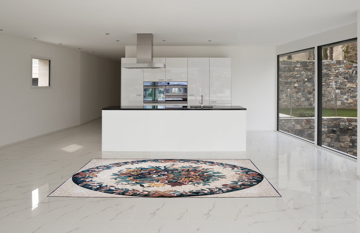 Floral Mosaic Rug: Handmade Marble Stone Art (48” x 36")