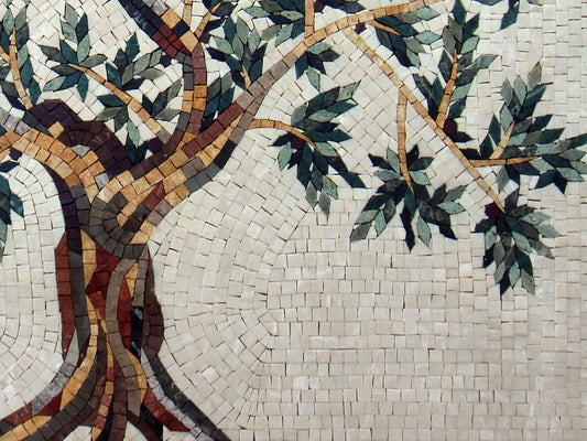 Olive Tree Mosaic Art Tile: Handmade Roman Medallion (32” x 24”)