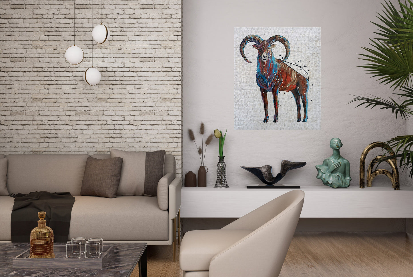 Taurus Zodiac Mosaic Tile Art: Handmade Stone Wall Decor (30x25)