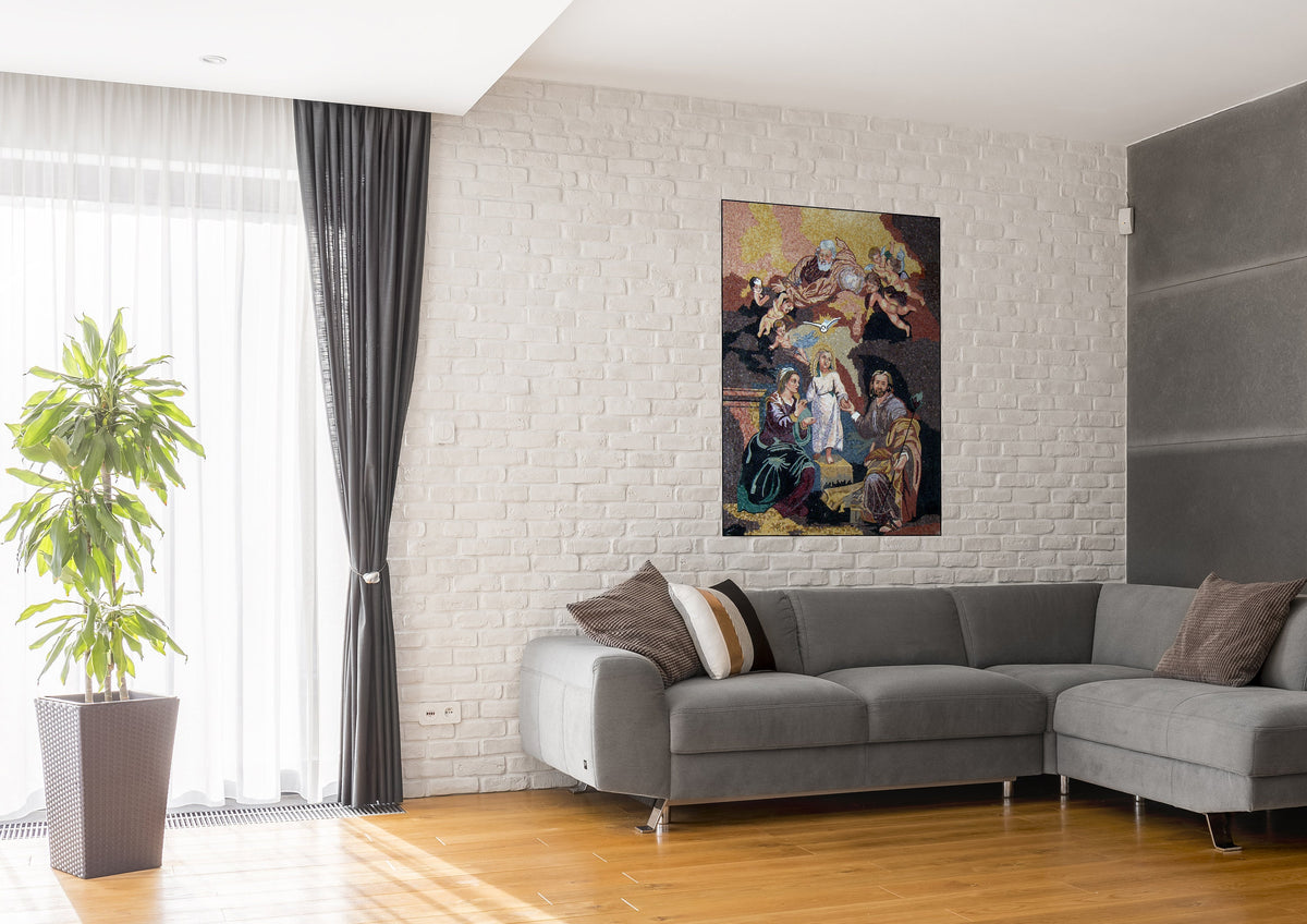 Handmade Marble Mosaic Tile: The Two Trinities with Child Art