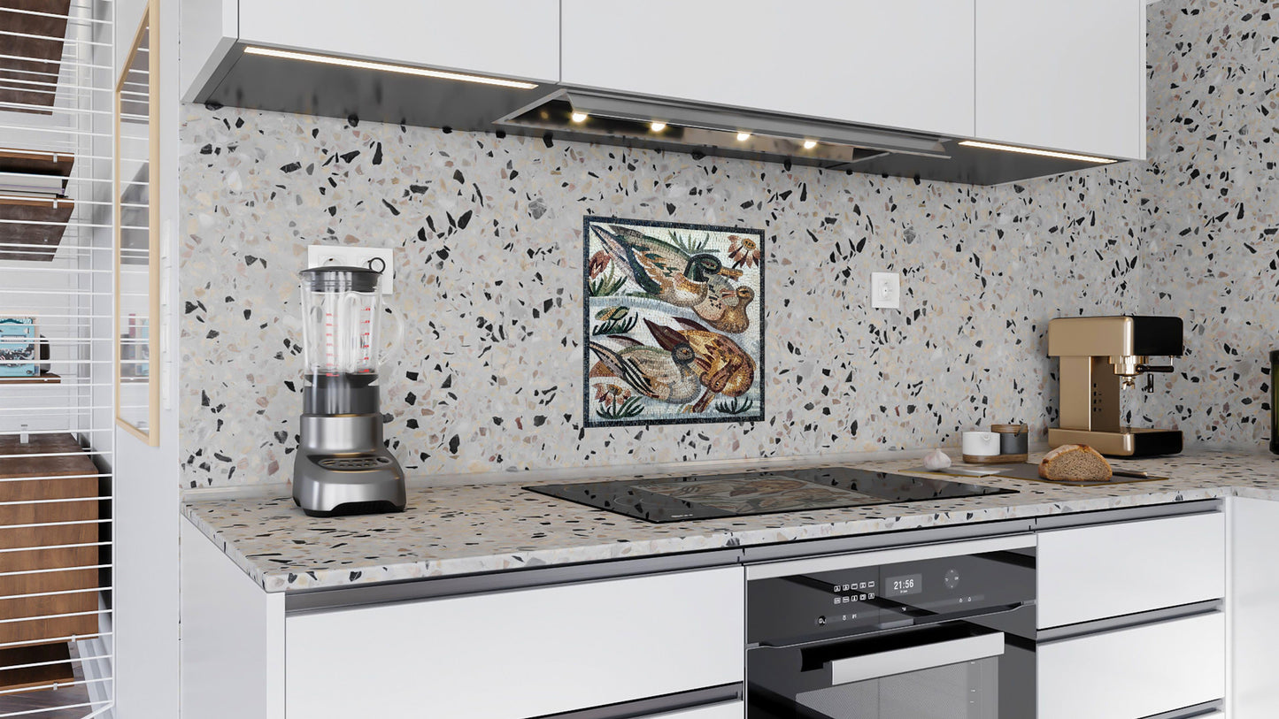 Handmade Duck Mosaic Tile Art: Mallard Swimming in Pond (32" x 32")