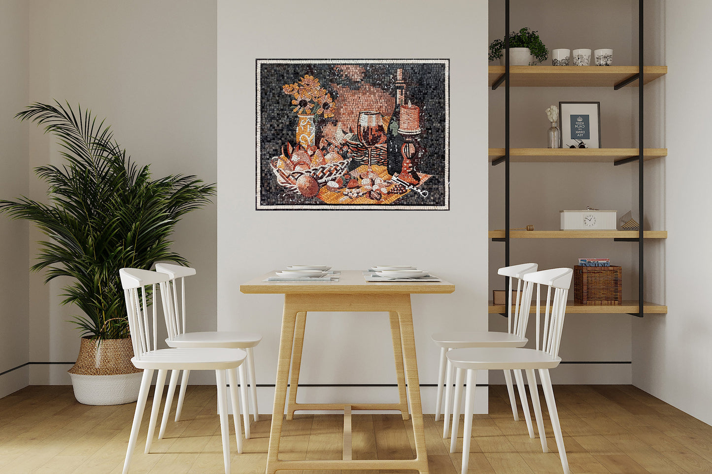 Handmade Still Life Mosaic: Fruit Basket, Sunflower, Candlelit Backsplash