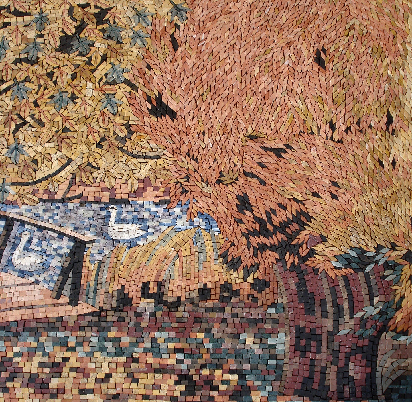 Handmade Autumn Mosaic Tile Art: River Bridge Scene, 50”x32”