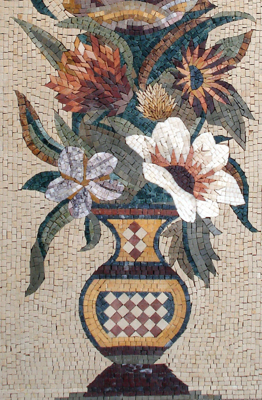 44"x 18" Handmade Marble Mosaic Flower With Leaves In Vases Mosaic Tiles For Kitchen Walls