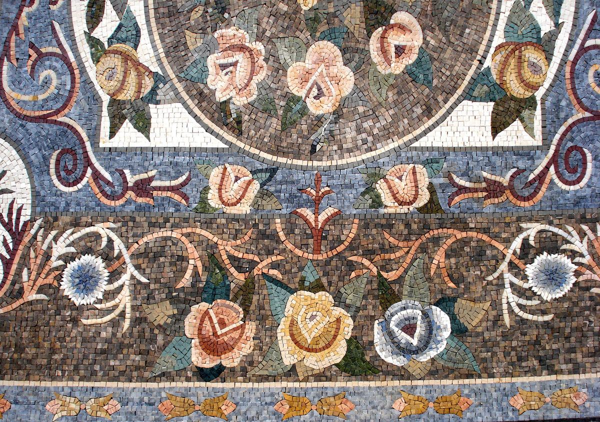 Handmade Flower Art Marble Mosaic Rug: Square Stone Rug (96” x 72")