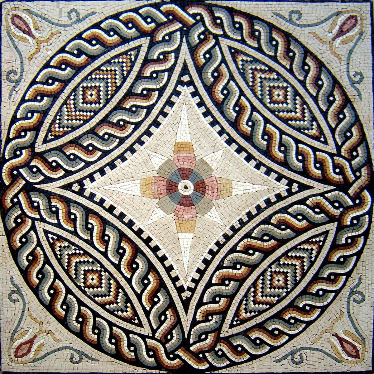 40" Floral Marble Mosaic Medallion: Handmade Floor Tile