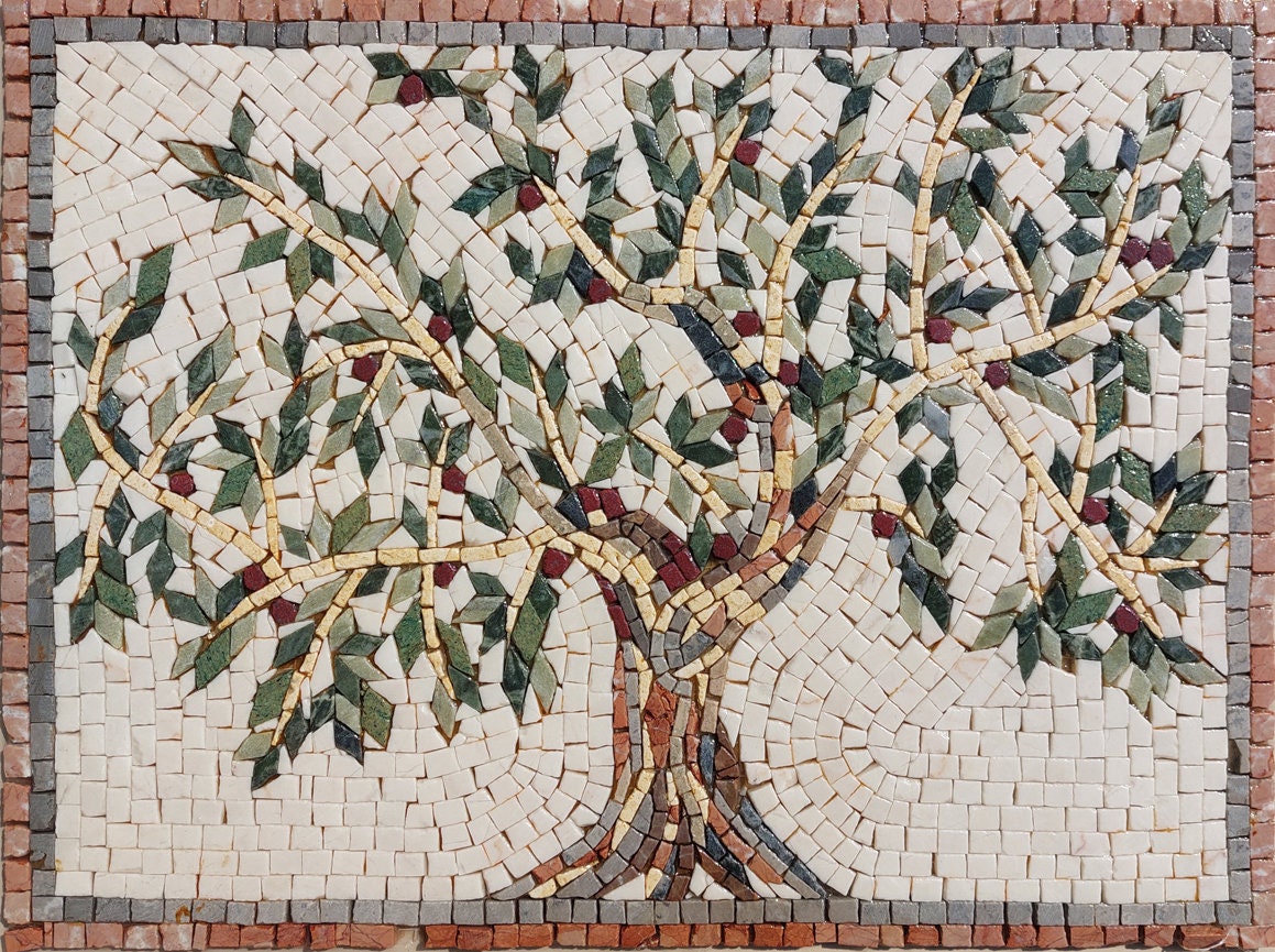 Olive Tree Backsplash Marble Mosaic Tiles. Customization. Handcrafted Roman Mosaics
