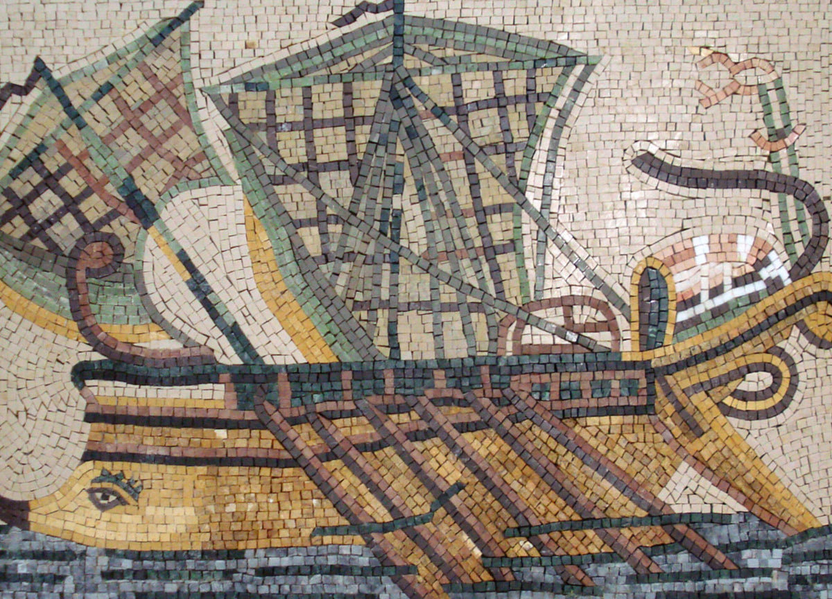 Handmade Roman Ship Mosaic Mural: Stone & Marble Artwork (40” x 30")