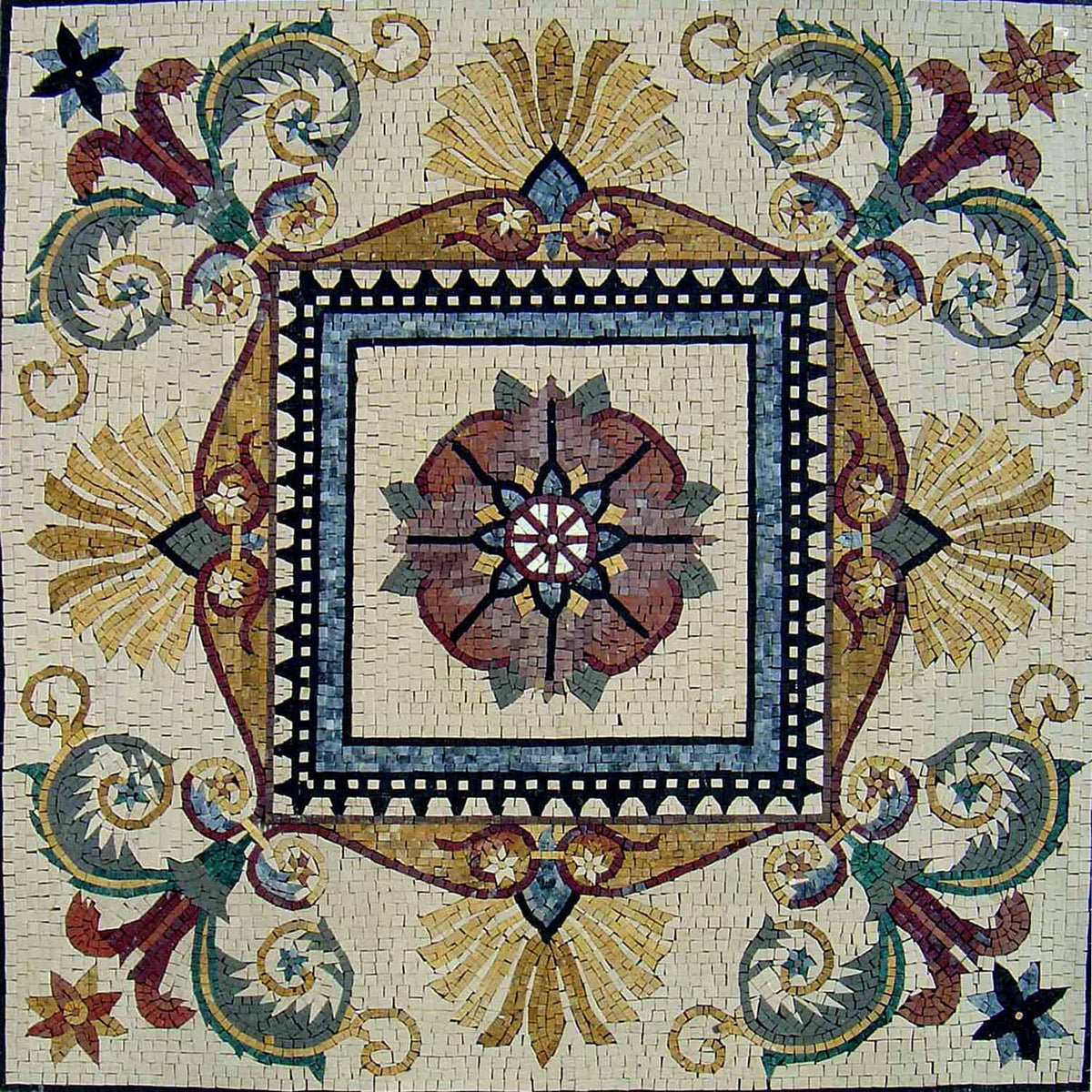 32" Square Marble Mosaic Floor Tile: Floral Medallion Artwork