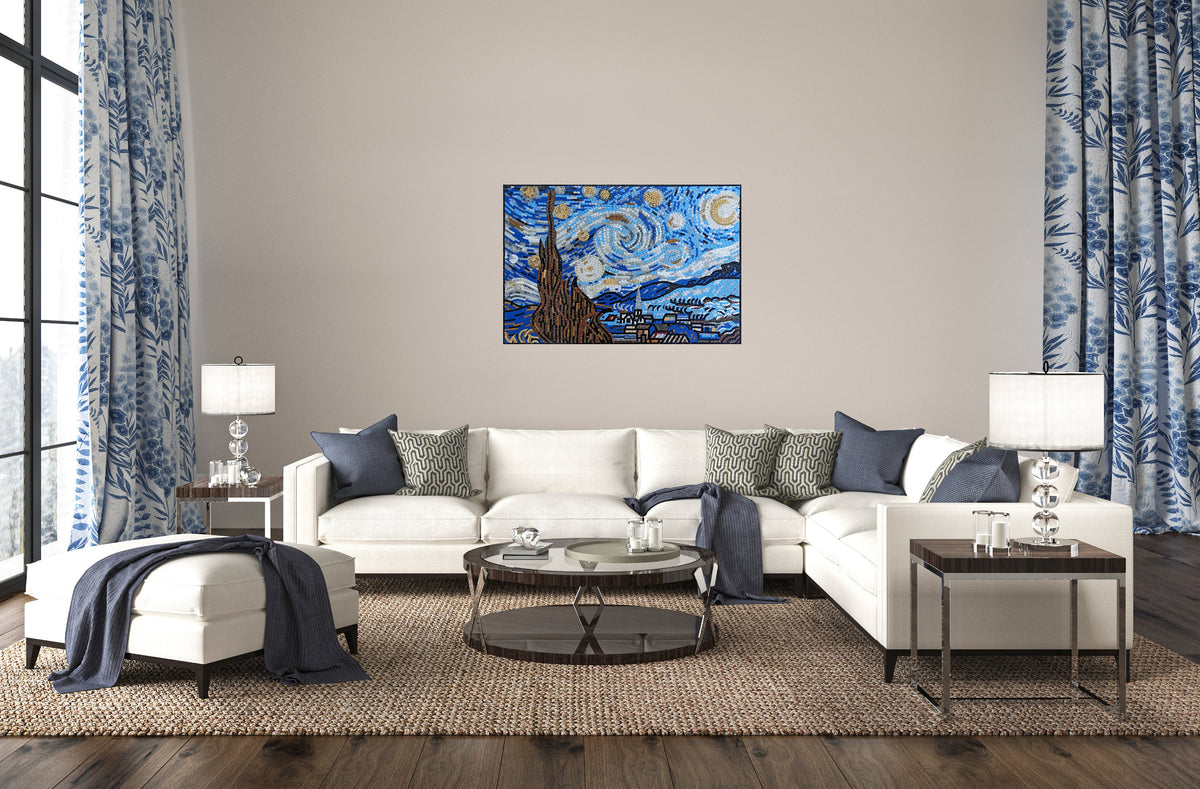 Handmade Marble Mosaic Art: Van Gogh Starry Night Landscape