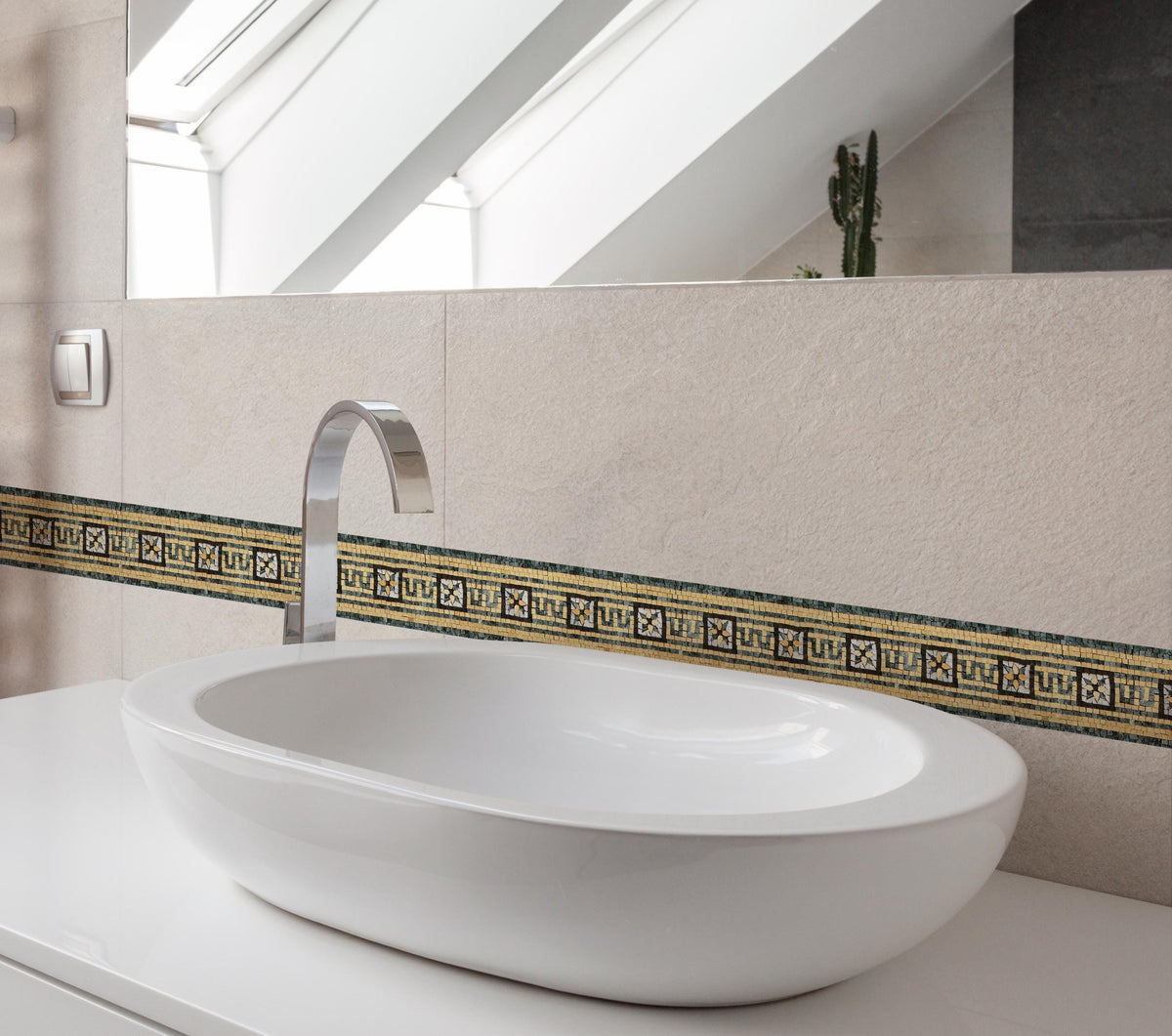 Emerald & Gold Geometric Marble Mosaic Border Tile: Luxe Backsplash Accent