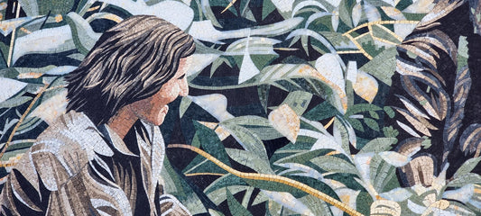 120"x50" Women and Monkey in Grass Mosaic Wall Art – Nature-Inspired Scene, Exotic Home Decor, Customization available