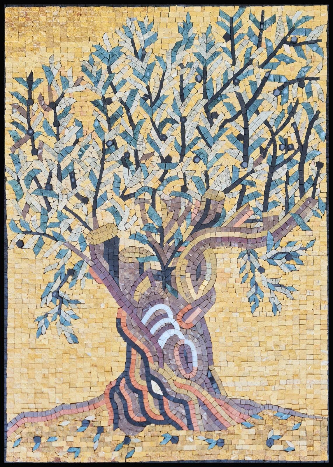 28″×20″ Blue & White Leaf Tree Border Mosaic – Handmade Marble Tile Trim, Customization available