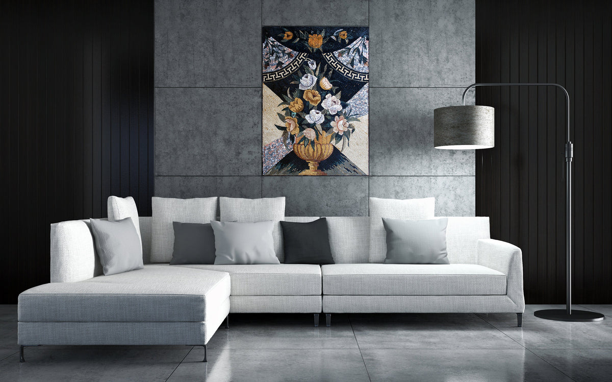 Handmade Marble Mosaic: Floral Wall Art (50"x34")