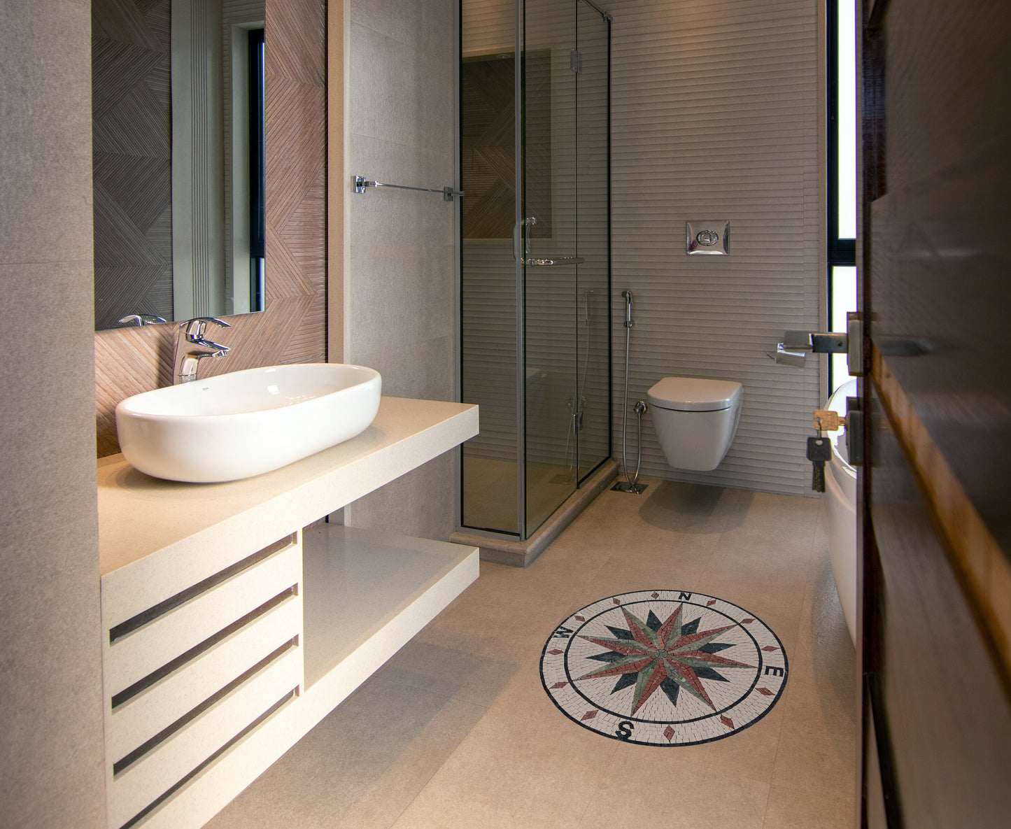 Handmade Compass Mosaic Tile: Nautical Marble Medallion (16" Diameter)