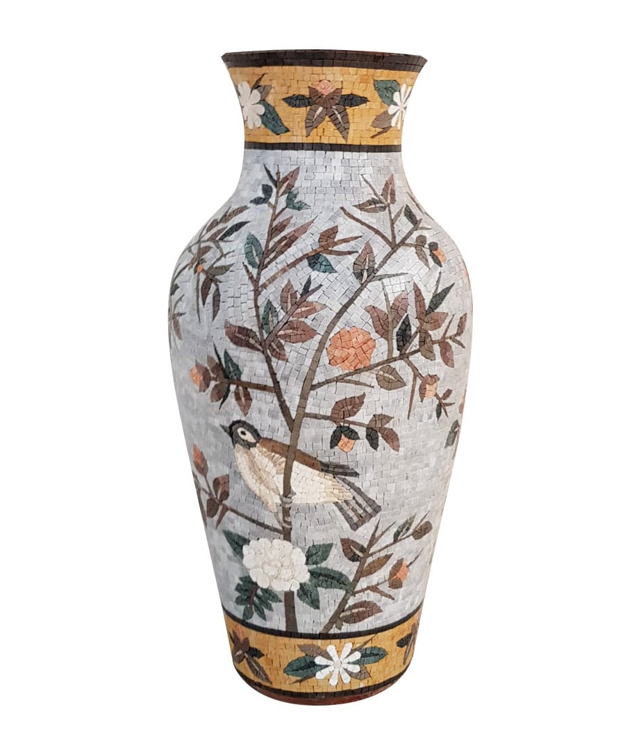 Handmade Marble Mosaic Vase: Bird Art Decor
