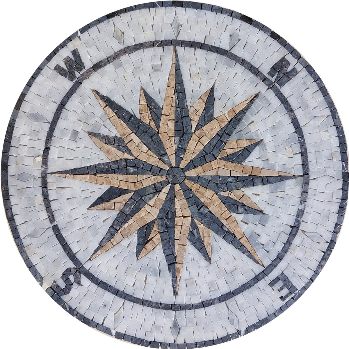 Handmade Compass Rose Mosaic Tile: Nautical Marble Medallion (18" Diameter)