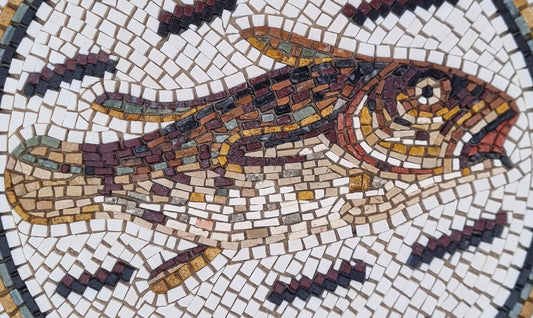 20" Fish Mosaic Medallion – Custom Handmade Marble Tile Art, Nautical Kitchen Backsplash, Customization available