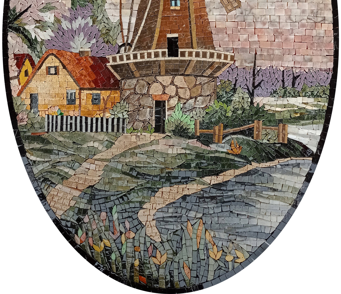 Handmade Marble Mosaic Wall Art: Windmill Landscape Scene