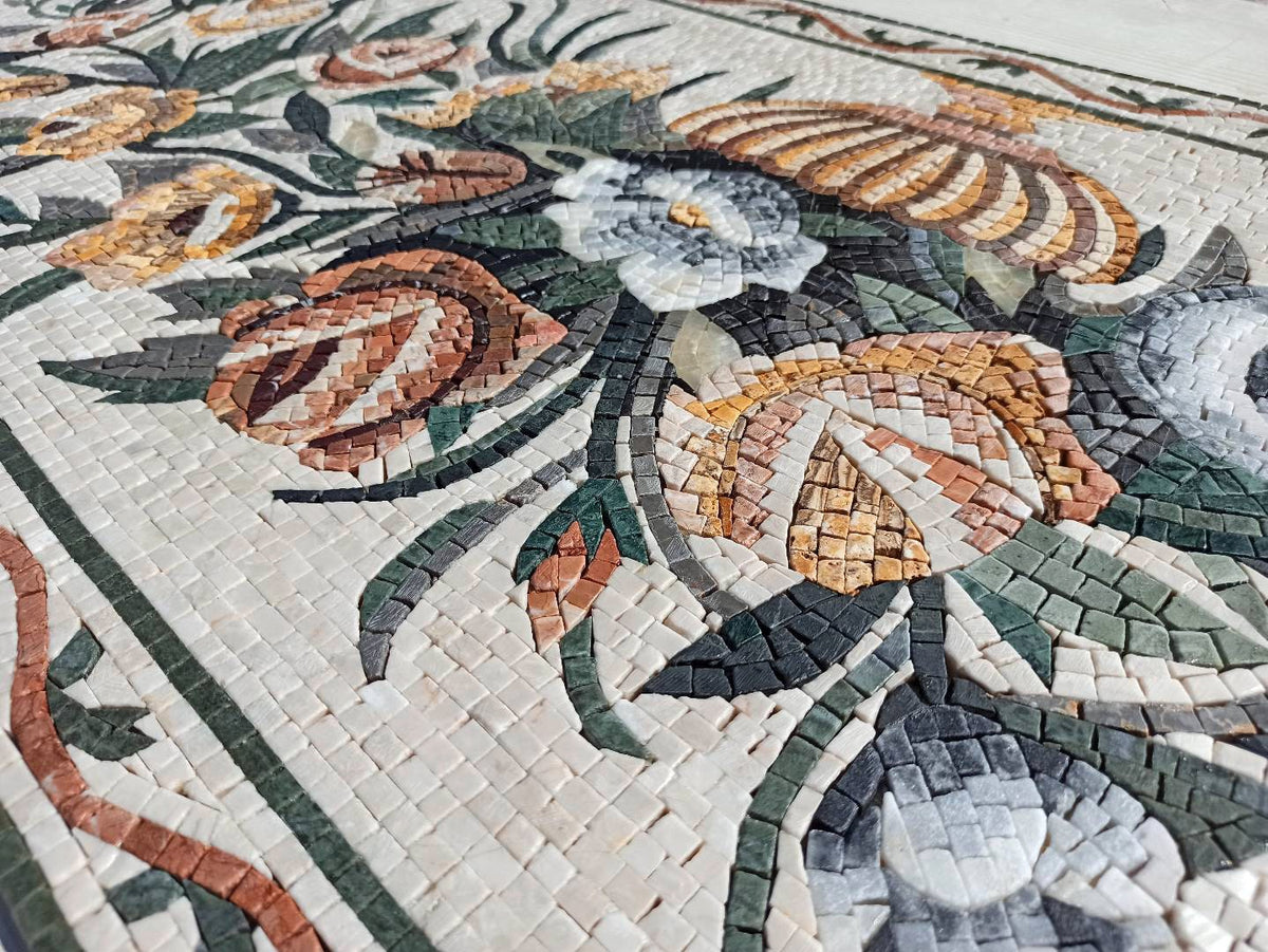 Handmade Rose Marble Mosaic Art: Flower Vase Wall Decor (72” x 24")